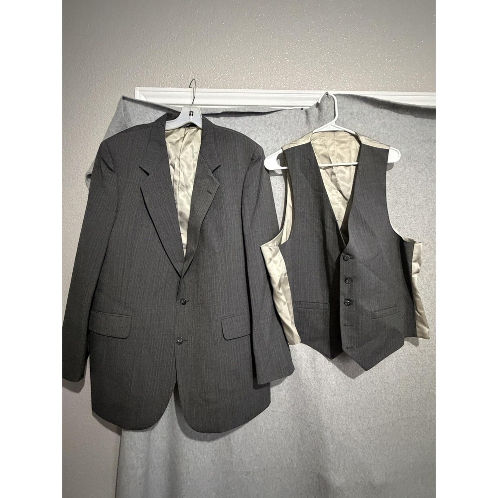 Allyn St. George Suit Jacket Mens 40 Gray Stripe 2 Piece Jacket Vest Formal